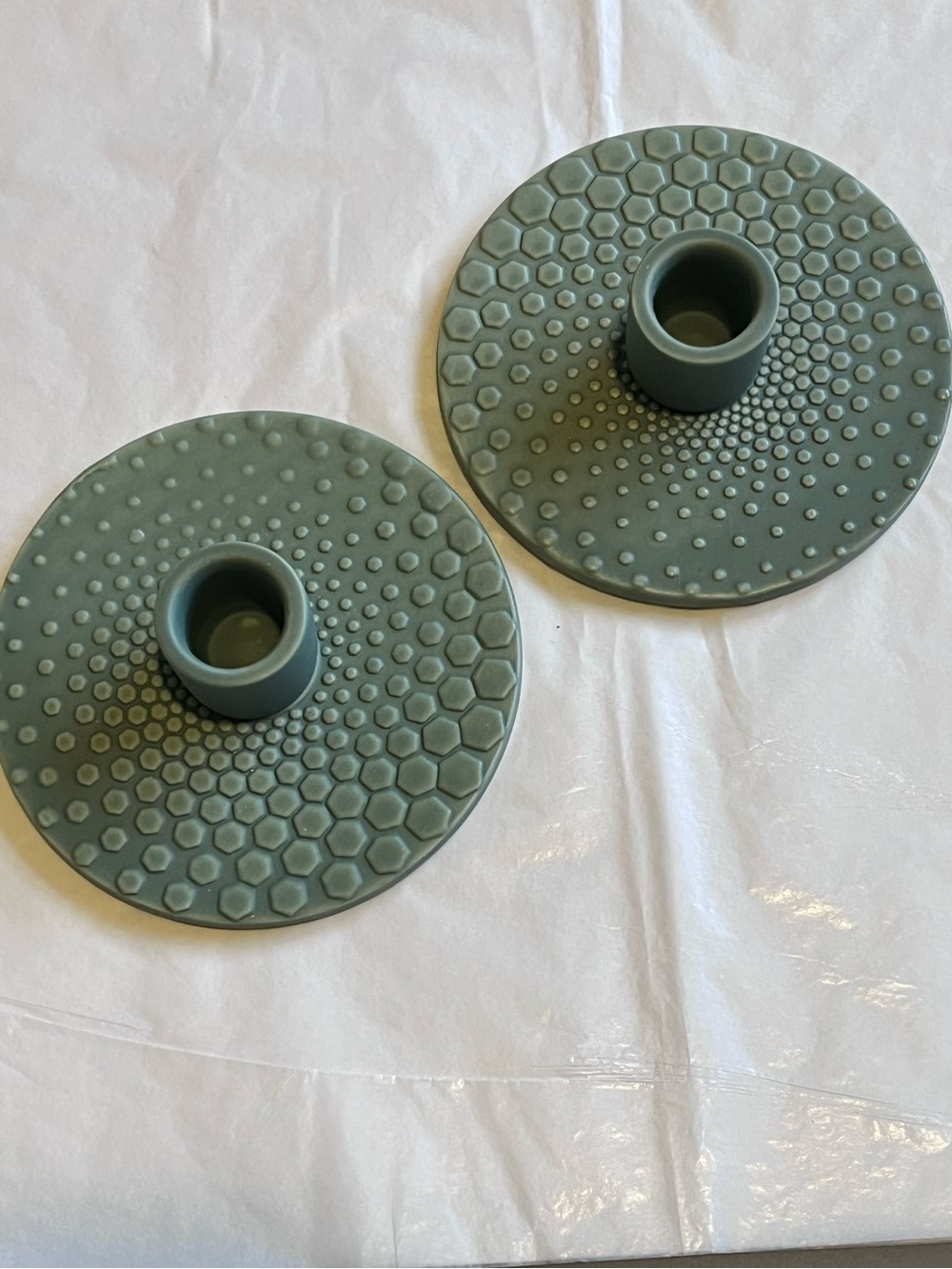NIB Set Of 2 47th & Main Ceramic Sage Green Candle Holders 5” Diameter Art Deco